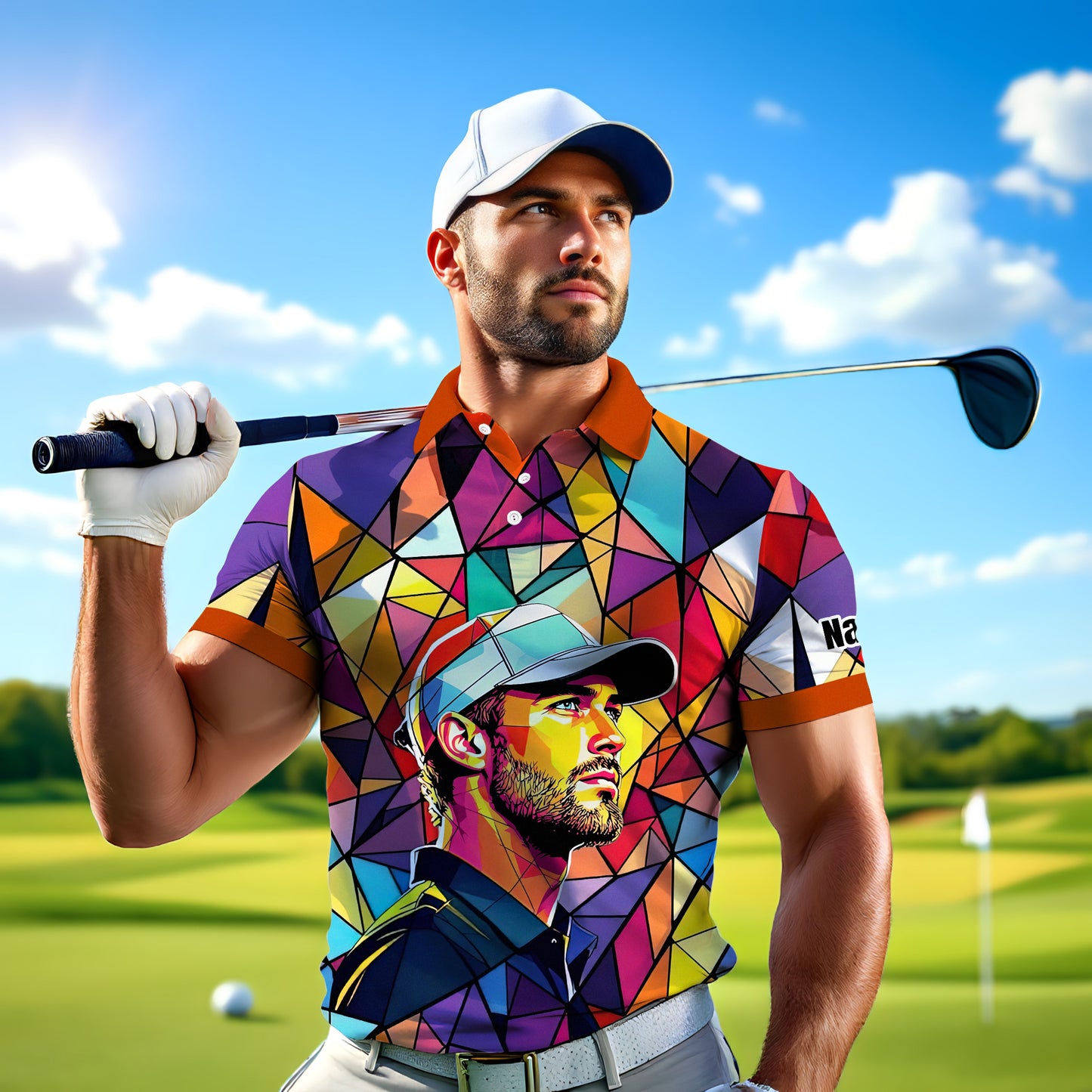 HomyGifts Men's Customized Face Artistic Golf Polo Shirt, Angular Geometric Glass Pattern, Stained-Glass Mosaic Print, Personalized Sublimation Golf Shirt, Vibrant Geometric Portrait Tee