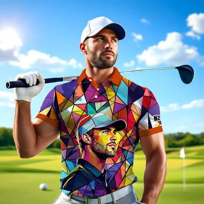 HomyGifts Men's Customized Face Artistic Golf Polo Shirt, Angular Geometric Glass Pattern, Stained-Glass Mosaic Print, Personalized Sublimation Golf Shirt, Vibrant Geometric Portrait Tee