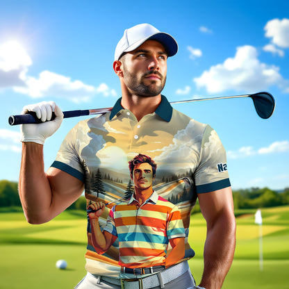Custom Vintage Americana Golf Polo with Your Face - Retro Personalized Gift for Men Style 8