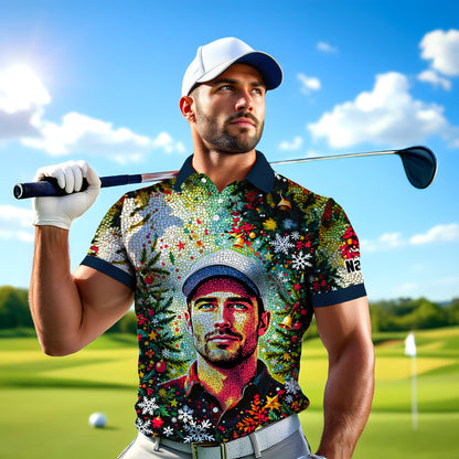 Personalized Christmas Golf Polo Shirt with Your Face – Custom Photo Holiday Shirt – Unique Mosaic Art Xmas Gift for Men, Custom Golf Apparel Style 1
