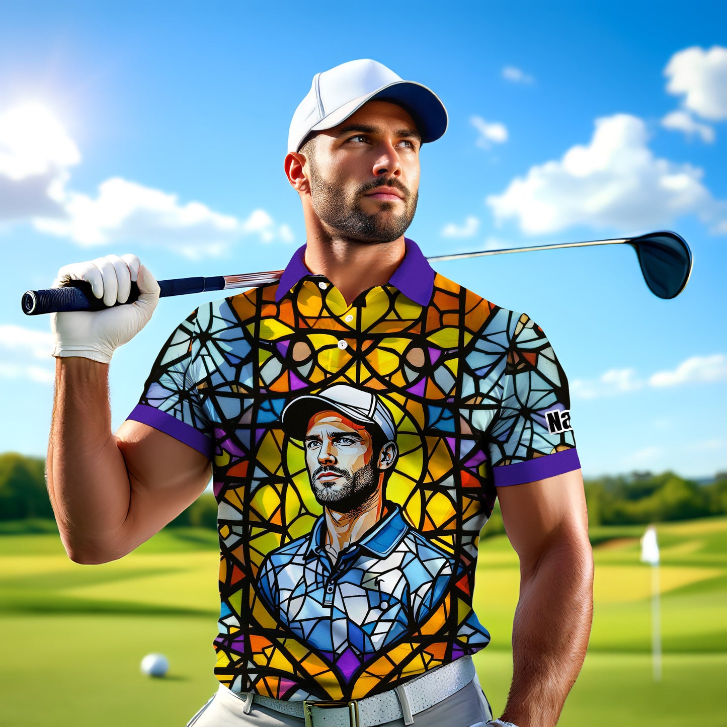 Custom Face Golf Polo Shirt – Personalized Stained Glass Art Shirt, Unique Golf Gift for Him, Colorful Abstract Golf Polo, Custom Sportswear