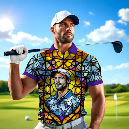 Custom Face Golf Polo Shirt – Personalized Stained Glass Art Shirt, Unique Golf Gift for Him, Colorful Abstract Golf Polo, Custom Sportswear