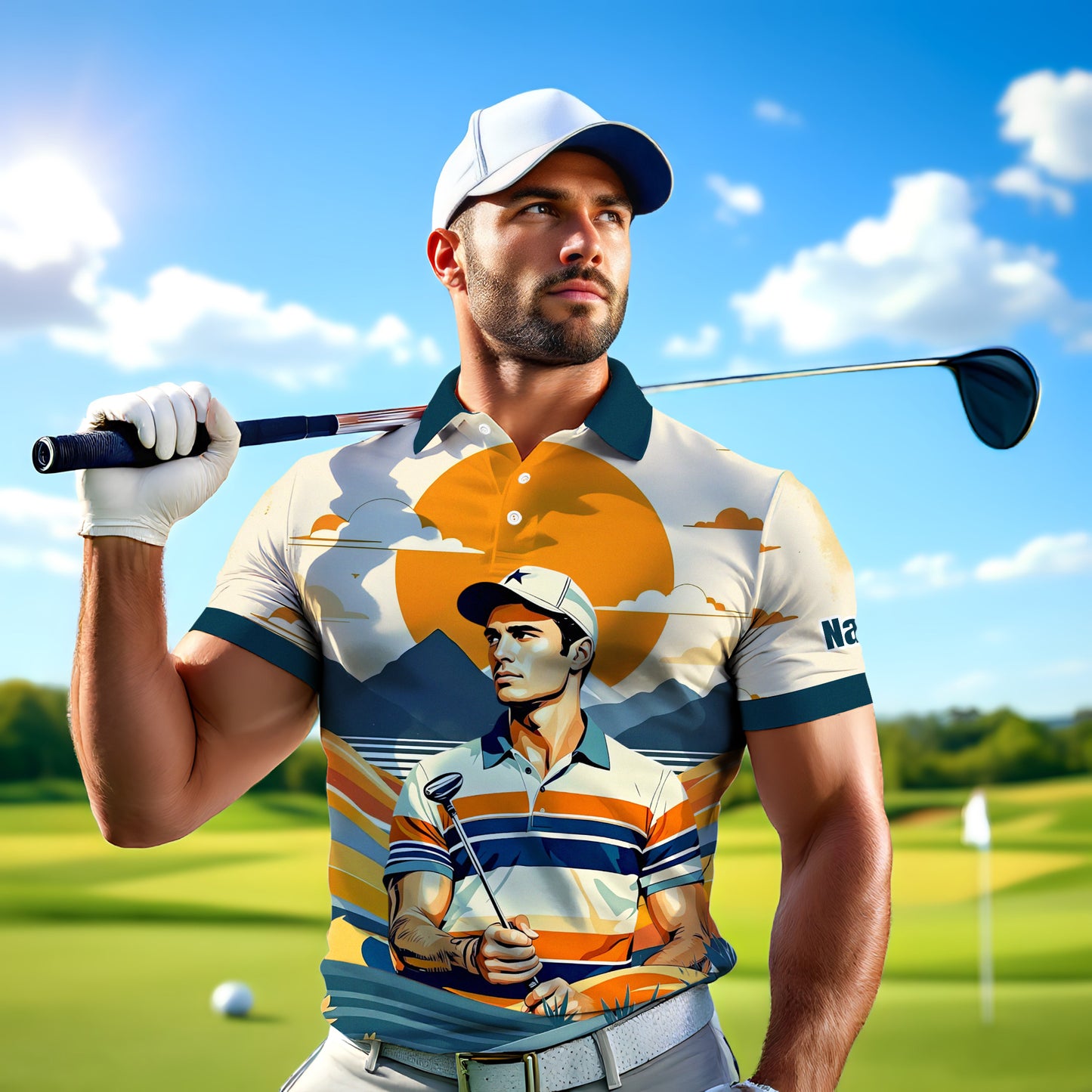 Custom Vintage Americana Golf Polo with Your Face - Retro Personalized Gift for Men Style 2