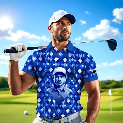 Custom Face Polo Shirt – Geometric Diamond Pattern | Personalized Photo Golf Polo | Unique Gift for Him, Retro Geometric Style Shirt Style 8