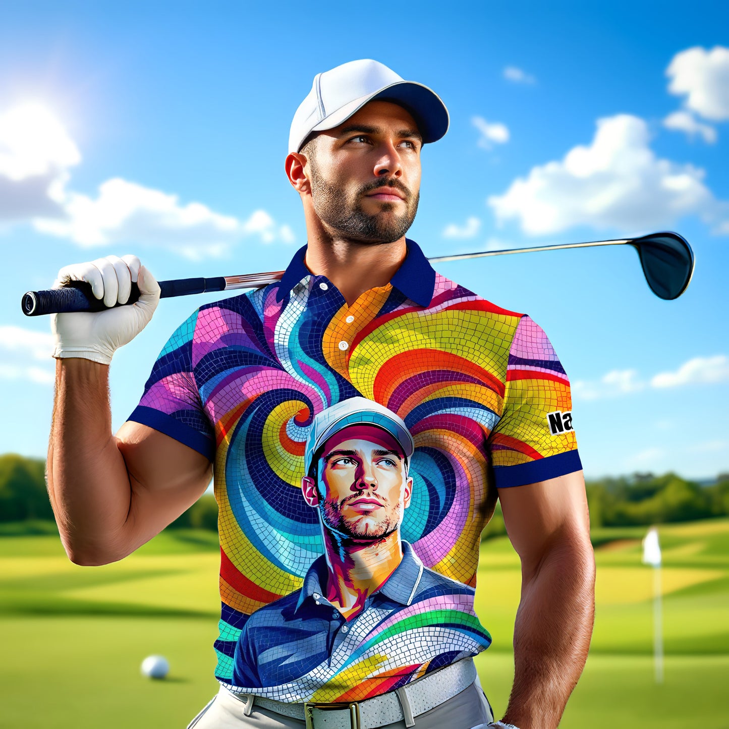 Personalized Mosaic Portrait Polo — Custom Face Mosaic Art Style Shirt Style 2