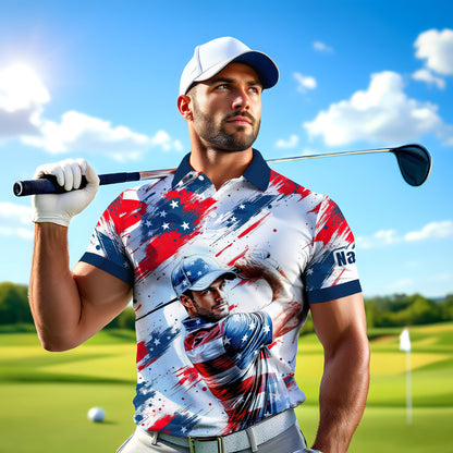HomyGifts Men's Customized Face Artistic Golf Polo Shirt, Personalized American Flag Design, Unique Gift for Patriotic Golfers Style 27