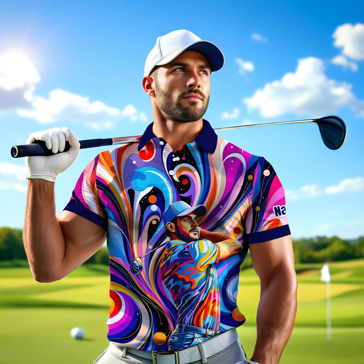 HomyGifts Men's Customized Face Artistic Golf Polo Shirt, Mosaic Art Style, Unique Personalized Golf Polo For Men Style 14