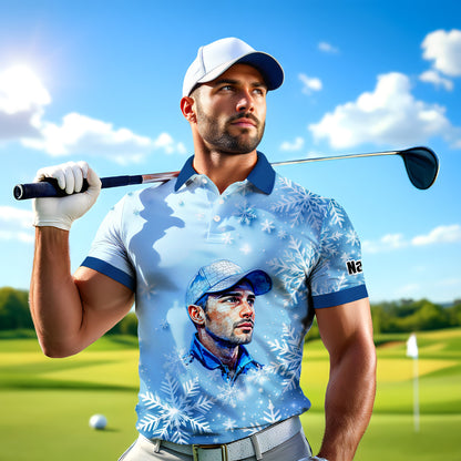 Custom Face Golf Polo Shirt – Personalized Christmas Golf Shirt for Him, Unique Holiday Gift for Golfer, Snowflake Design Golf Apparel Style 6