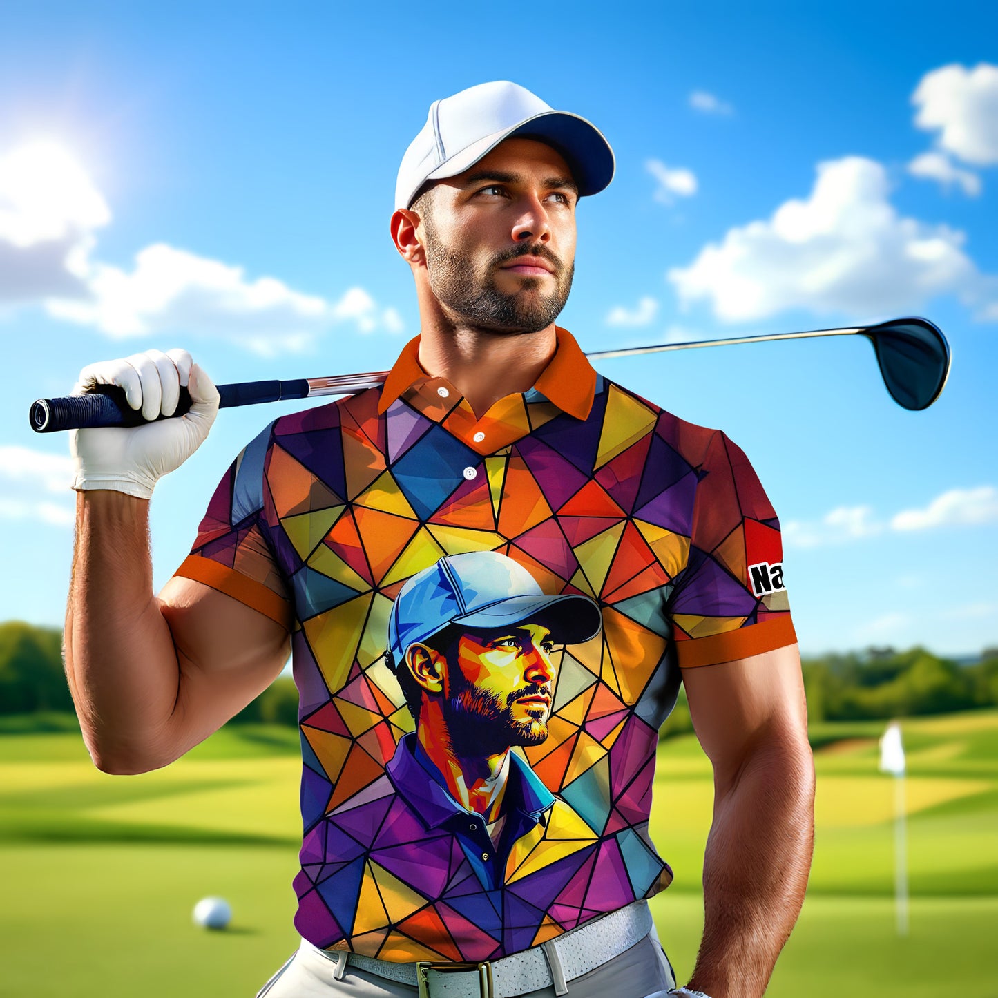 Angular Geometric Glass Pattern Custom Face Polo — Stained-Glass Mosaic Print, Personalized Sublimation Golf Shirt, Vibrant Geometric Portrait Tee
