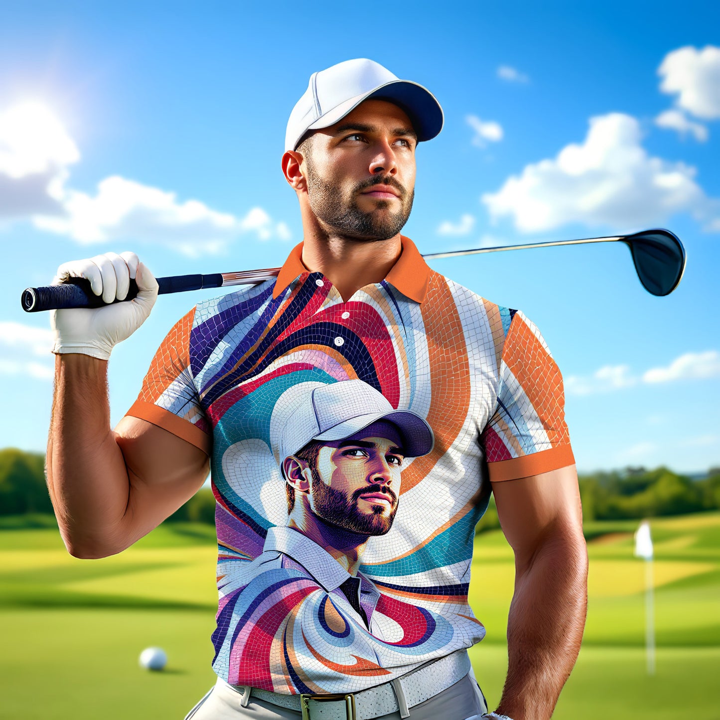 HomyGifts Men's Customized Face Artistic Golf Polo Shirt, Mosaic Art Style, Unique Personalized Golf Polo For Men Style 7