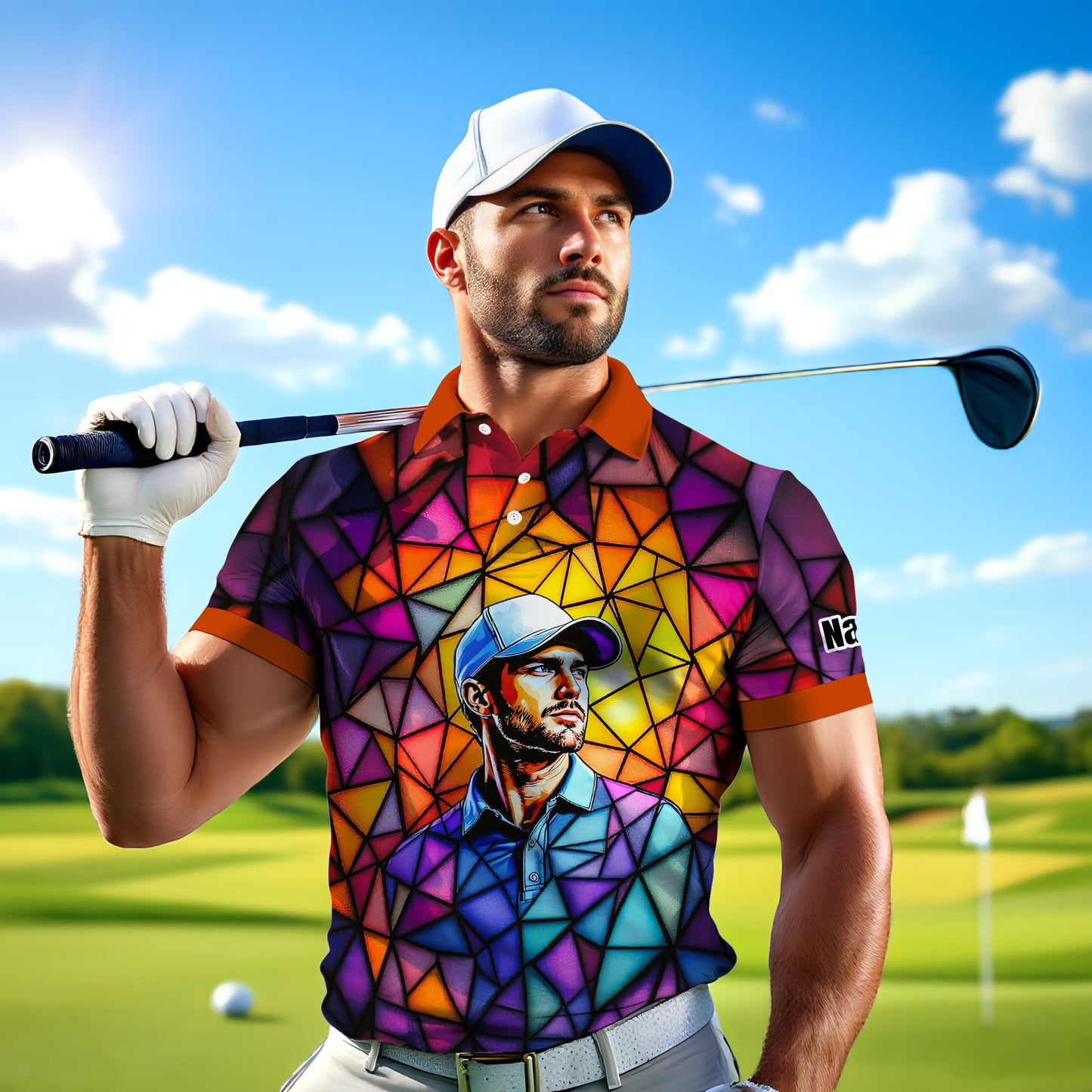 HomyGifts Men's Customized Face Artistic Golf Polo Shirt, Angular Geometric Glass Pattern, Stained-Glass Mosaic Print, Personalized Sublimation Golf Shirt, Vibrant Geometric Portrait Tee
