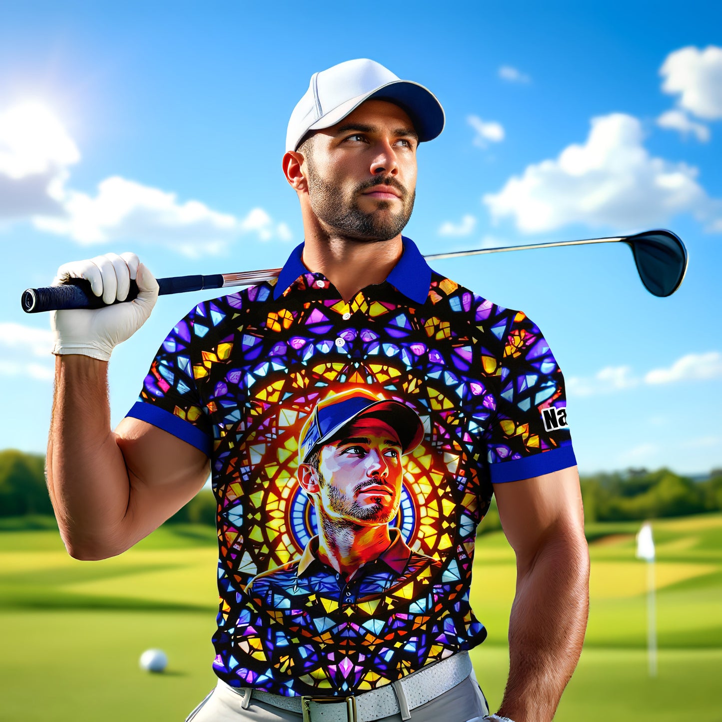 Custom Face Golf Polo Shirt – Personalized Stained Glass Mandala Style Polo, Unique Gift for Men & Women, Vibrant Artistic Golf Shirt, Custom Photo Polo