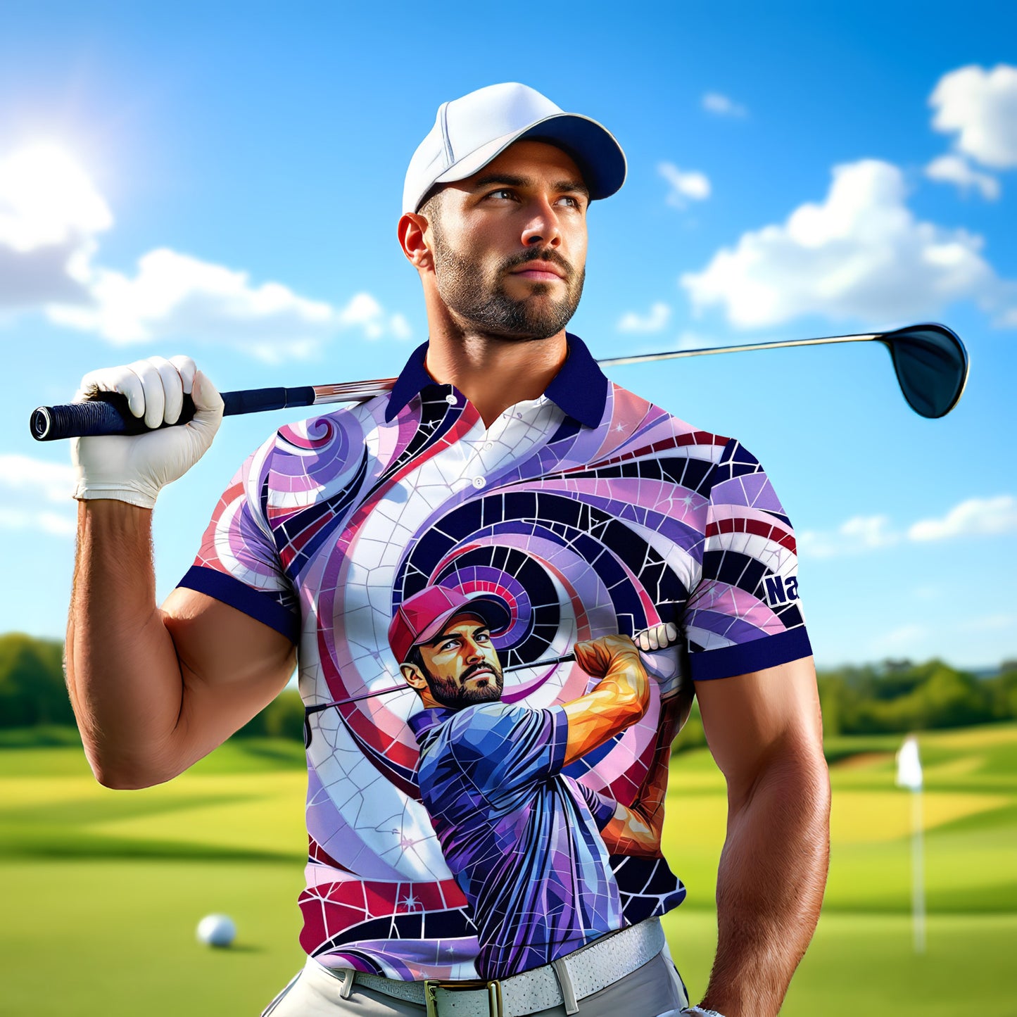 HomyGifts Men's Customized Face Artistic Golf Polo Shirt, Mosaic Art Style, Unique Personalized Golf Polo For Men Style 7