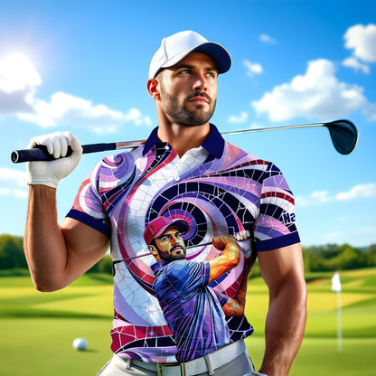 HomyGifts Men's Customized Face Artistic Golf Polo Shirt, Mosaic Art Style, Unique Personalized Golf Polo For Men Style 7