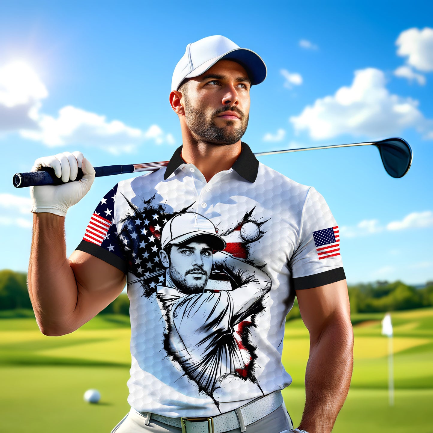 HomyGifts Men's Customized Face Artistic Golf Polo Shirt, Personalized American Flag Design, Unique Gift for Patriotic Golfers Style 12