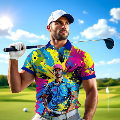 HomyGifts Men's Customized Face Artistic Golf Polo Shirt, Personalized Pop Art Golf Polo, Portrait Gift for Golfers Style 13