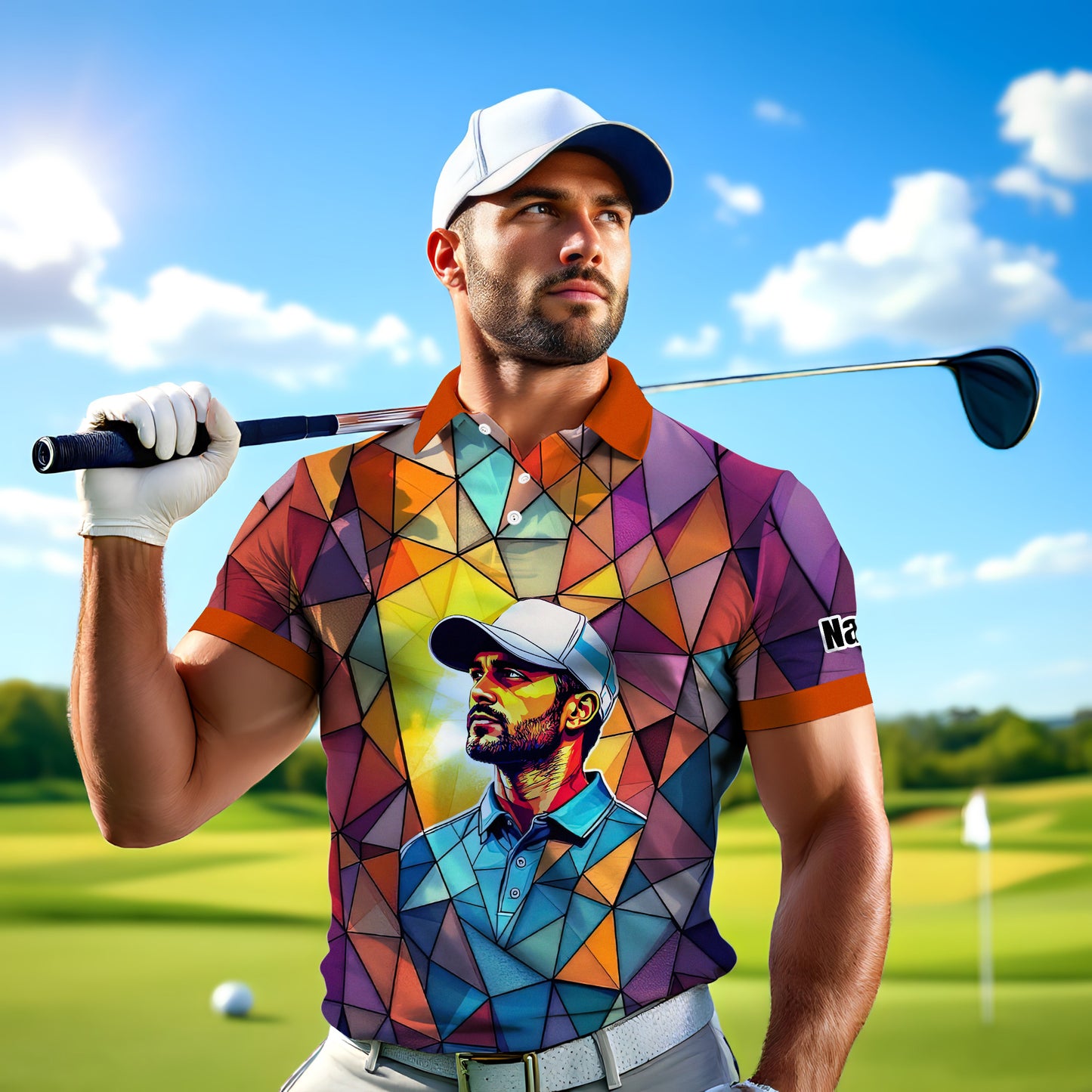 Angular Geometric Glass Pattern Custom Face Polo — Stained-Glass Mosaic Print, Personalized Sublimation Golf Shirt, Vibrant Geometric Portrait Tee