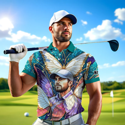 Custom Face Butterfly Golf Polo Shirt – Personalized Spring Mirage Art Style – Unique Gift for Him, Nature Inspired Men's Shirt Style 4