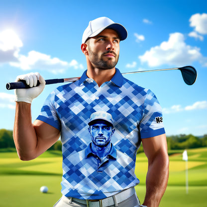 Custom Face Polo Shirt – Geometric Diamond Pattern | Personalized Photo Golf Polo | Unique Gift for Him, Retro Geometric Style Shirt Style 10