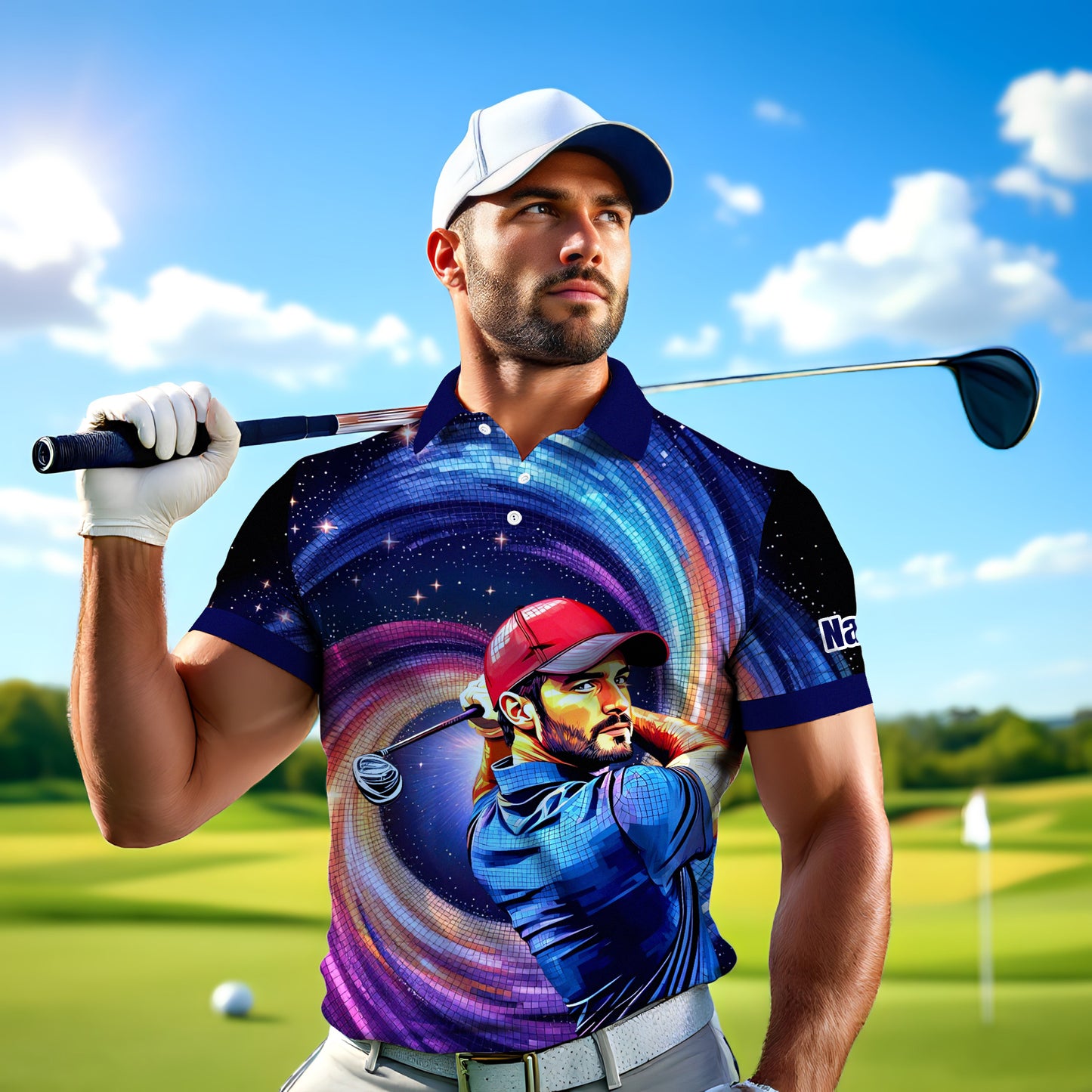 HomyGifts Men's Customized Face Artistic Golf Polo Shirt, Mosaic Art Style, Unique Personalized Golf Polo For Men Style 21