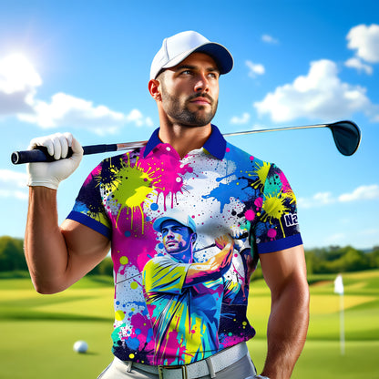 HomyGifts Men's Customized Face Artistic Golf Polo Shirt, Personalized Pop Art Golf Polo, Portrait Gift for Golfers Style 16