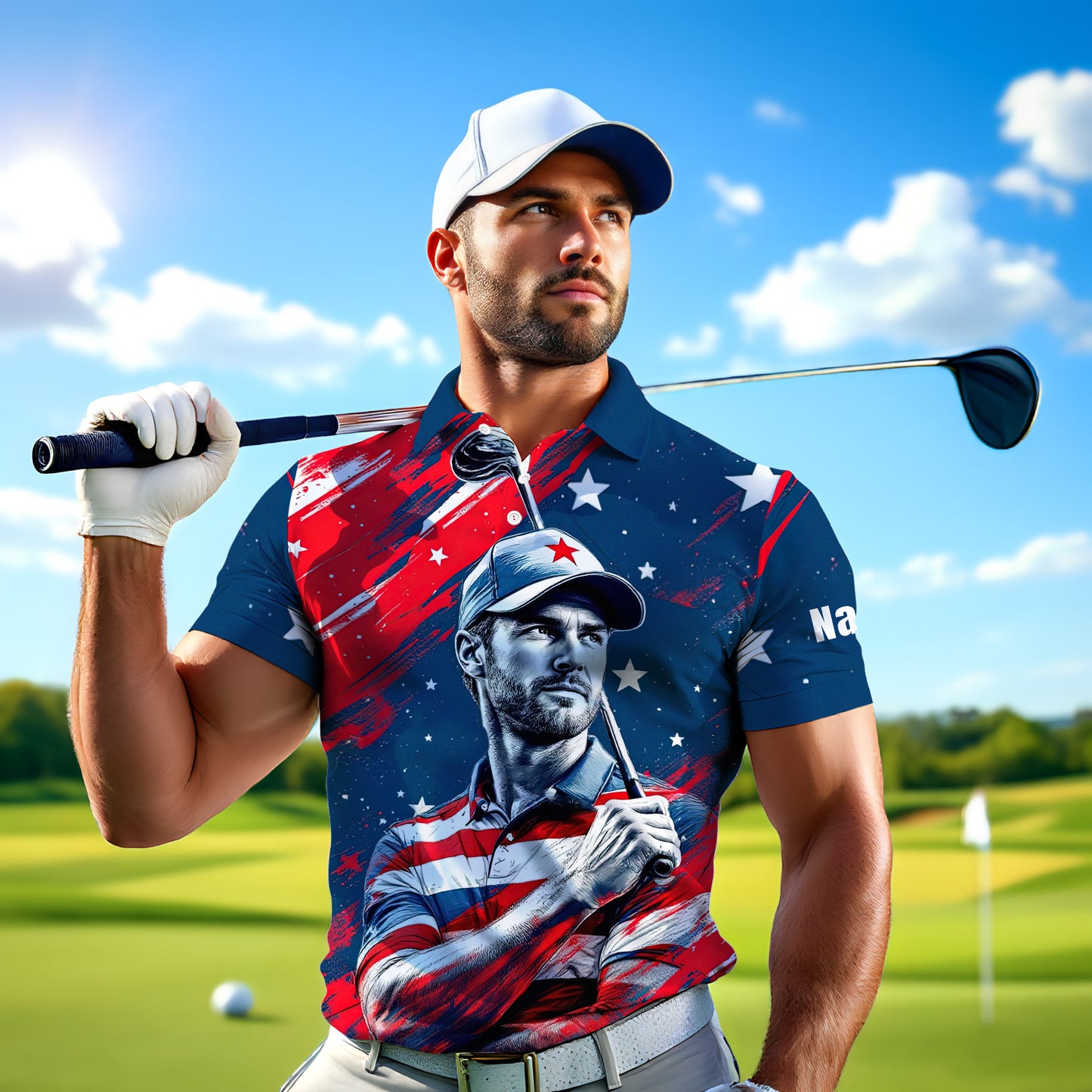 HomyGifts Men's Customized Face Artistic Golf Polo Shirt, Personalized American Flag Design, Unique Gift for Patriotic Golfers Style 16