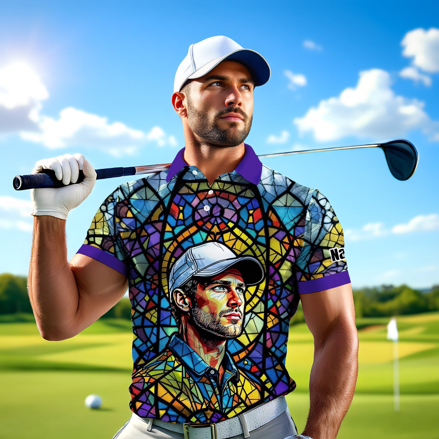 Custom Face Golf Polo Shirt – Personalized Stained Glass Art Shirt, Unique Golf Gift for Him, Colorful Abstract Golf Polo, Custom Sportswear