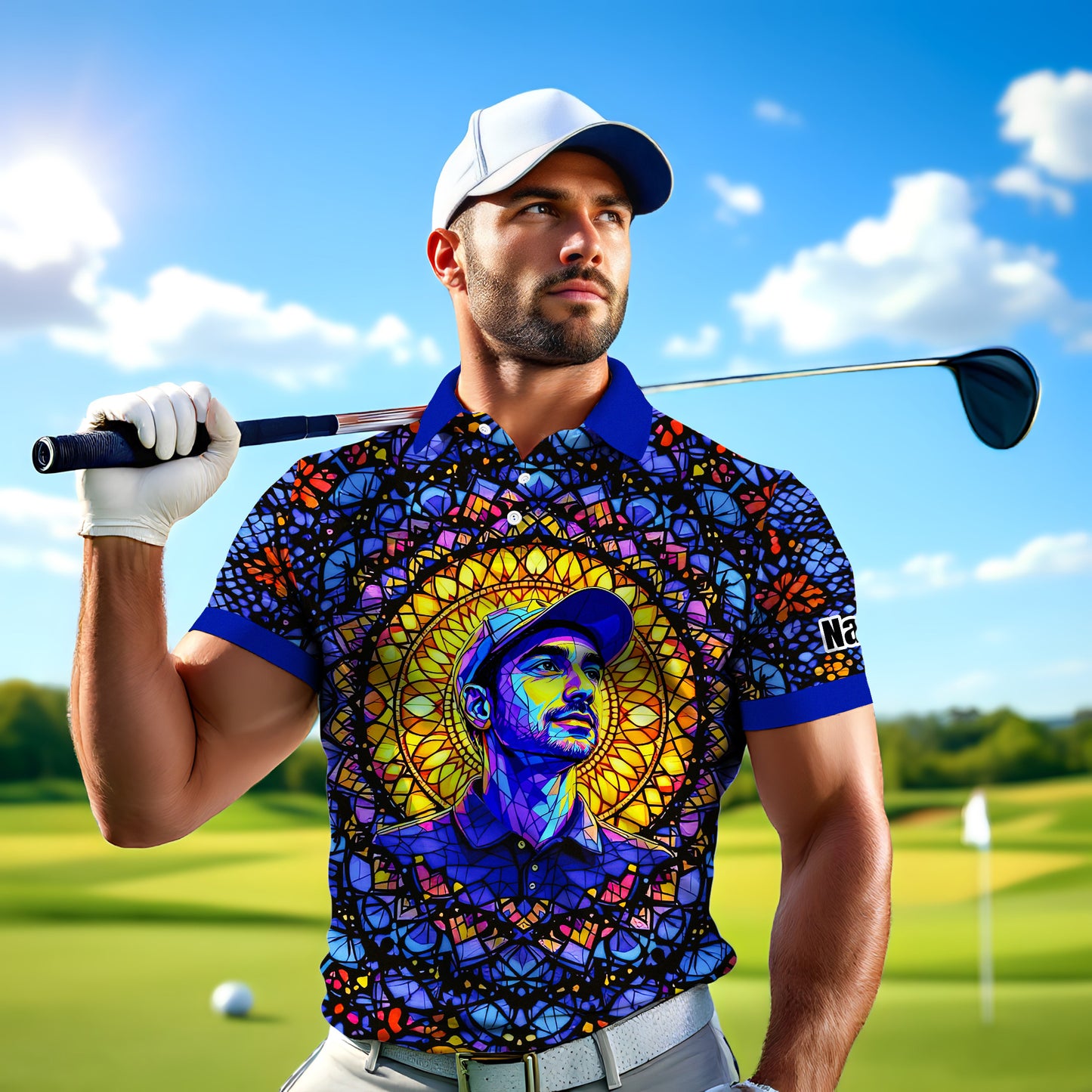 Custom Face Golf Polo Shirt – Personalized Stained Glass Mandala Style Polo, Unique Gift for Men & Women, Vibrant Artistic Golf Shirt, Custom Photo Polo