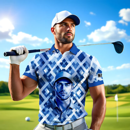 Custom Face Polo Shirt – Geometric Diamond Pattern | Personalized Photo Golf Polo | Unique Gift for Him, Retro Geometric Style Shirt Style 11