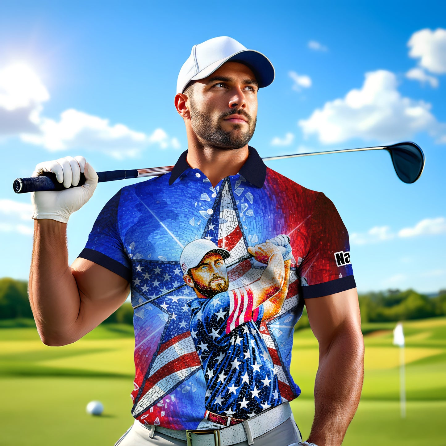 Custom Face Patriotic Golf Polo Shirt – Personalized USA Flag Design – American Pride Gift for Him – Mosaic Art Golf Shirt Style 2