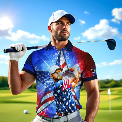Custom Face Patriotic Golf Polo Shirt – Personalized USA Flag Design – American Pride Gift for Him – Mosaic Art Golf Shirt Style 2