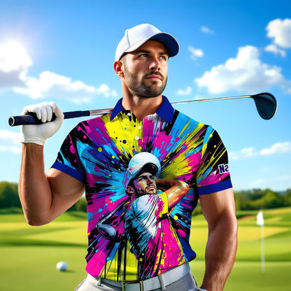 HomyGifts Men's Customized Face Artistic Golf Polo Shirt, Personalized Pop Art Golf Polo, Portrait Gift for Golfers Style 8