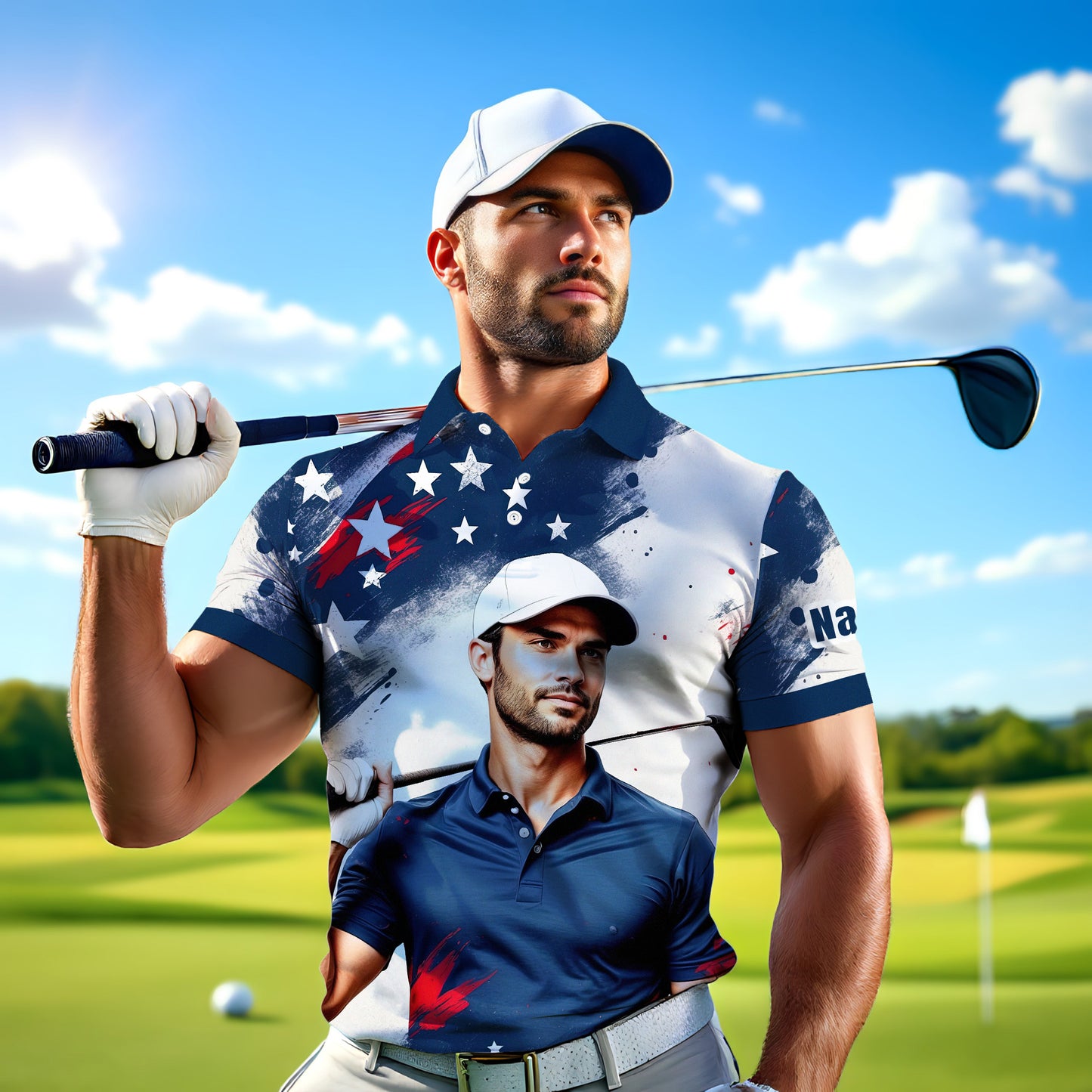 HomyGifts Men's Customized Face Artistic Golf Polo Shirt, Personalized American Flag Design, Unique Gift for Patriotic Golfers Style 28
