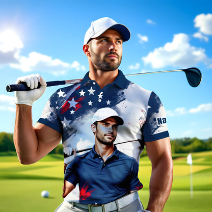 HomyGifts Men's Customized Face Artistic Golf Polo Shirt, Personalized American Flag Design, Unique Gift for Patriotic Golfers Style 28