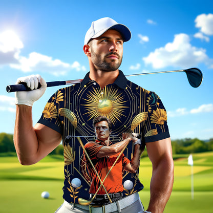 Custom Face Golf Polo Shirt – Swing in Gold Art Deco Revival Style | Personalized Golf Shirt for Men Style 7