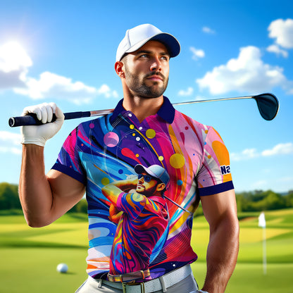 HomyGifts Men's Customized Face Artistic Golf Polo Shirt, Mosaic Art Style, Unique Personalized Golf Polo For Men Style 15