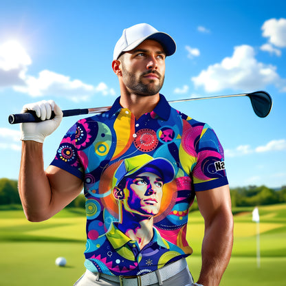 HomyGifts Custom Face Polo Shirt – Personalized Abstract Geometric Art Photo Shirt, Unique Gift for Him & Her