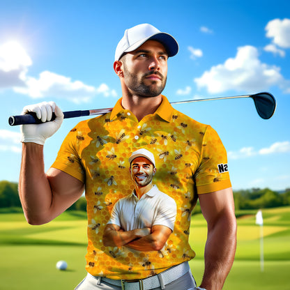 HomyGifts Men's Customized Face Artistic Golf Polo Shirt, Personalized Bee & Honeycomb Polo Shirt with Face, Funny Honey Lover Outfit, Summer Polo for Men Style 1