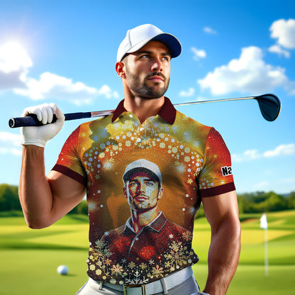 Custom Face Golf Polo Shirt – Personalized Christmas Golf Shirt for Him, Unique Holiday Gift for Golfer, Snowflake Design Golf Apparel Style 14