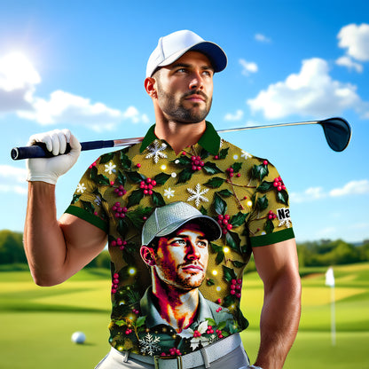 Custom Face Golf Polo Shirt – Personalized Christmas Golf Shirt for Him, Unique Holiday Gift for Golfer, Snowflake Design Golf Apparel Style 17
