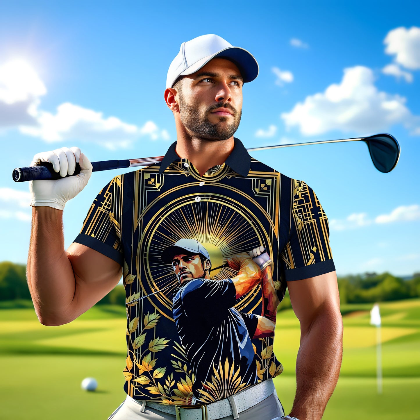 Custom Face Golf Polo Shirt – Swing in Gold Art Deco Revival Style | Personalized Golf Shirt for Men Style 6