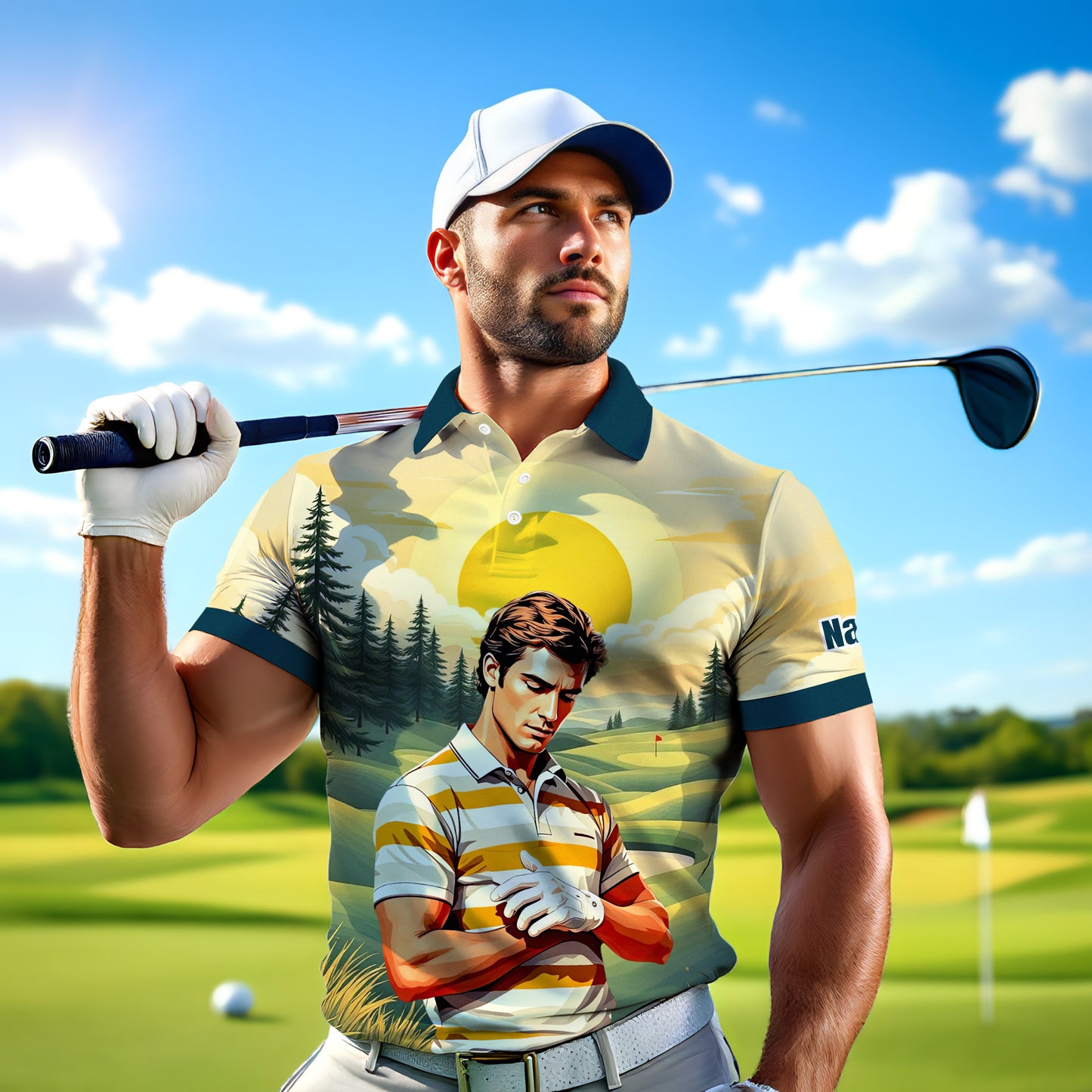 Custom Vintage Americana Golf Polo with Your Face - Retro Personalized Gift for Men Style 9