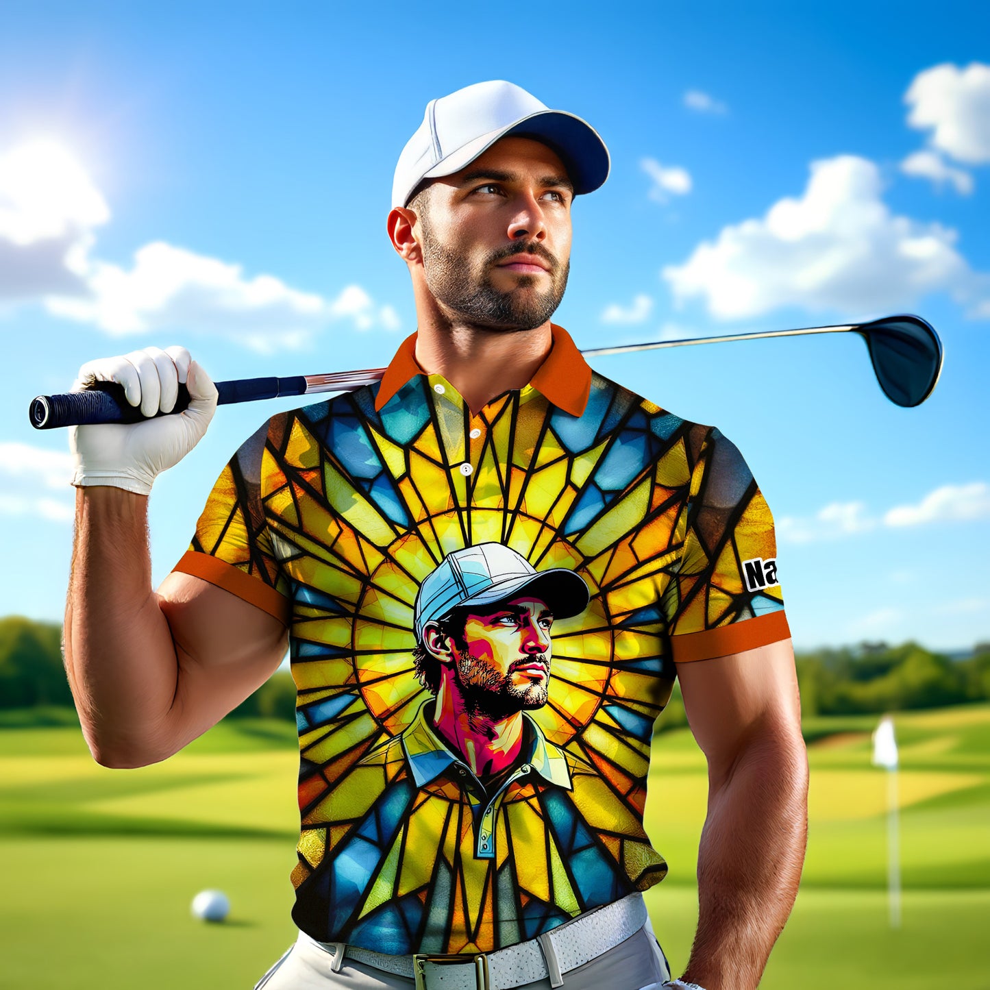 HomyGifts Men's Customized Face Artistic Golf Polo Shirt, Angular Geometric Glass Pattern, Stained-Glass Mosaic Print, Personalized Sublimation Golf Shirt, Vibrant Geometric Portrait Tee