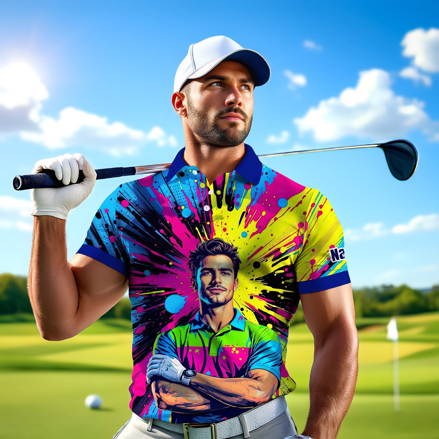 HomyGifts Men's Customized Face Artistic Golf Polo Shirt, Personalized Pop Art Golf Polo, Portrait Gift for Golfers Style 5