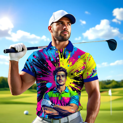 HomyGifts Men's Customized Face Artistic Golf Polo Shirt, Personalized Pop Art Golf Polo, Portrait Gift for Golfers Style 5