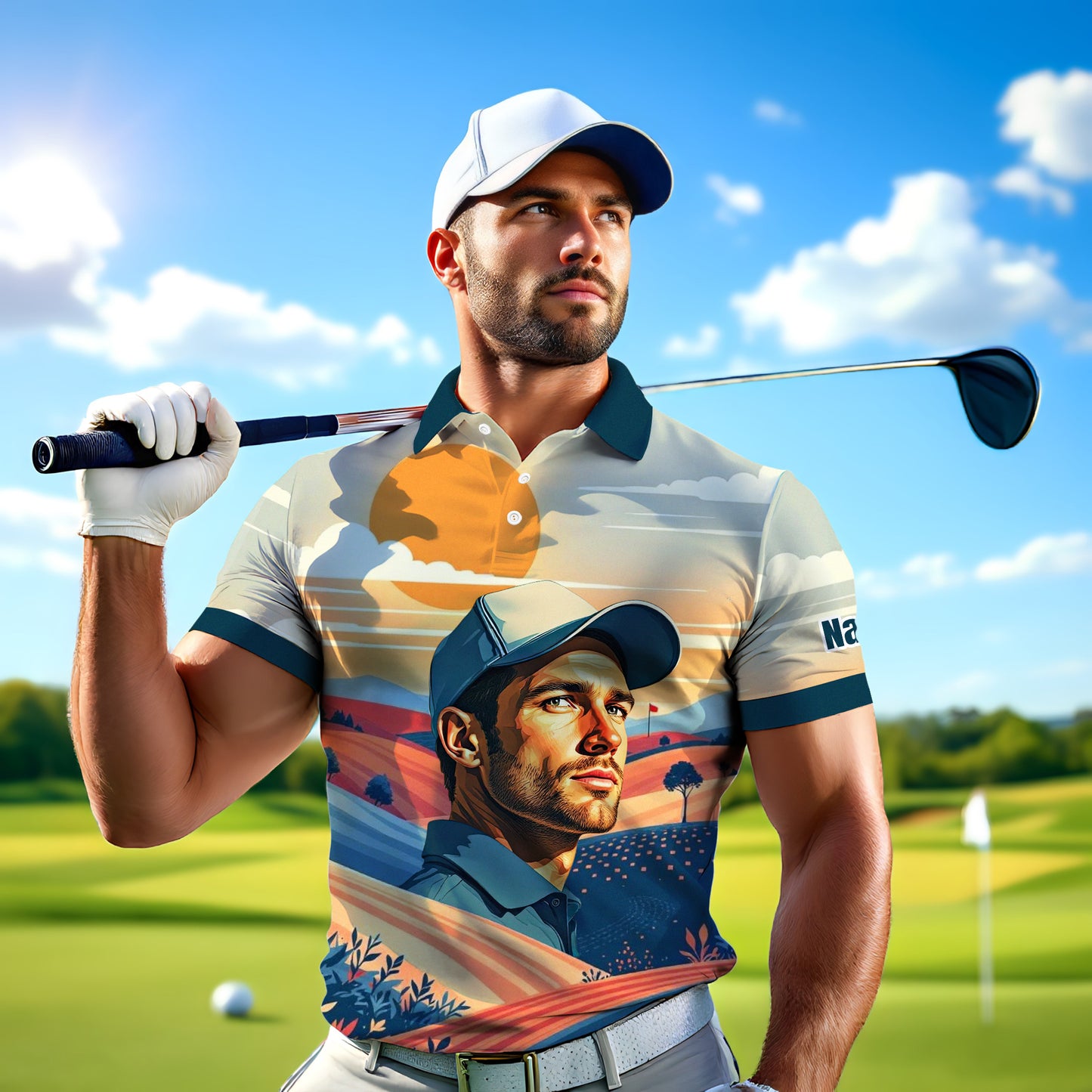 Custom Vintage Americana Golf Polo with Your Face - Retro Personalized Gift for Men Style 4