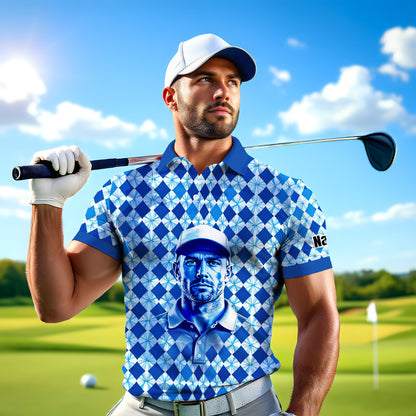 Custom Face Polo Shirt – Geometric Diamond Pattern | Personalized Photo Golf Polo | Unique Gift for Him, Retro Geometric Style Shirt Style 13