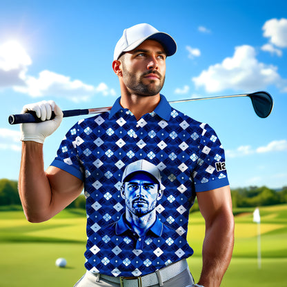 Custom Face Polo Shirt – Geometric Diamond Pattern | Personalized Photo Golf Polo | Unique Gift for Him, Retro Geometric Style Shirt Style 7