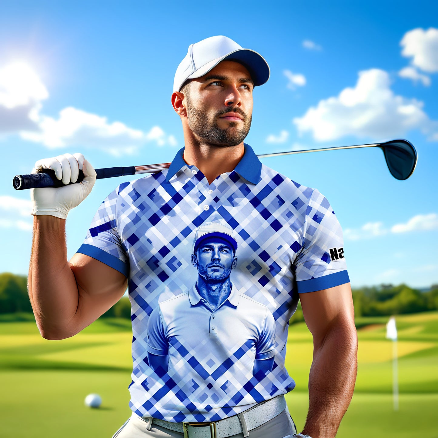 Custom Face Polo Shirt – Geometric Diamond Pattern | Personalized Photo Golf Polo | Unique Gift for Him, Retro Geometric Style Shirt Style 6