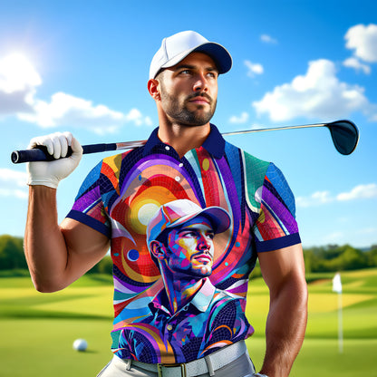 HomyGifts Men's Customized Face Artistic Golf Polo Shirt, Mosaic Art Style, Unique Personalized Golf Polo For Men Style 5